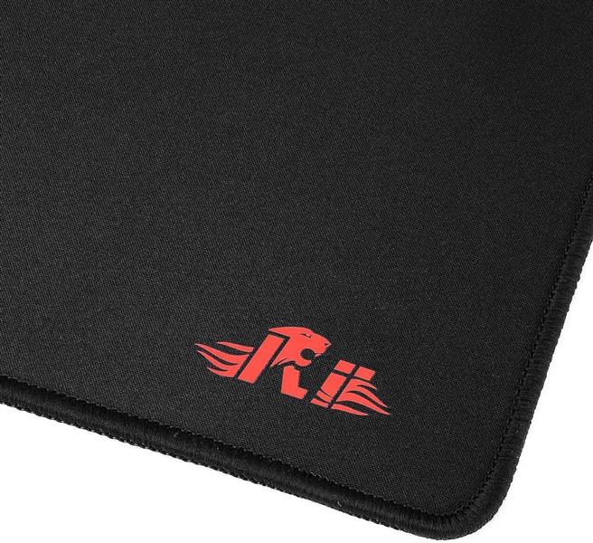 Rii muismat 400x900 mm 3mm dik glanzend stoffen bekleding op rubber aan de rand gestikt - rood Rii logo