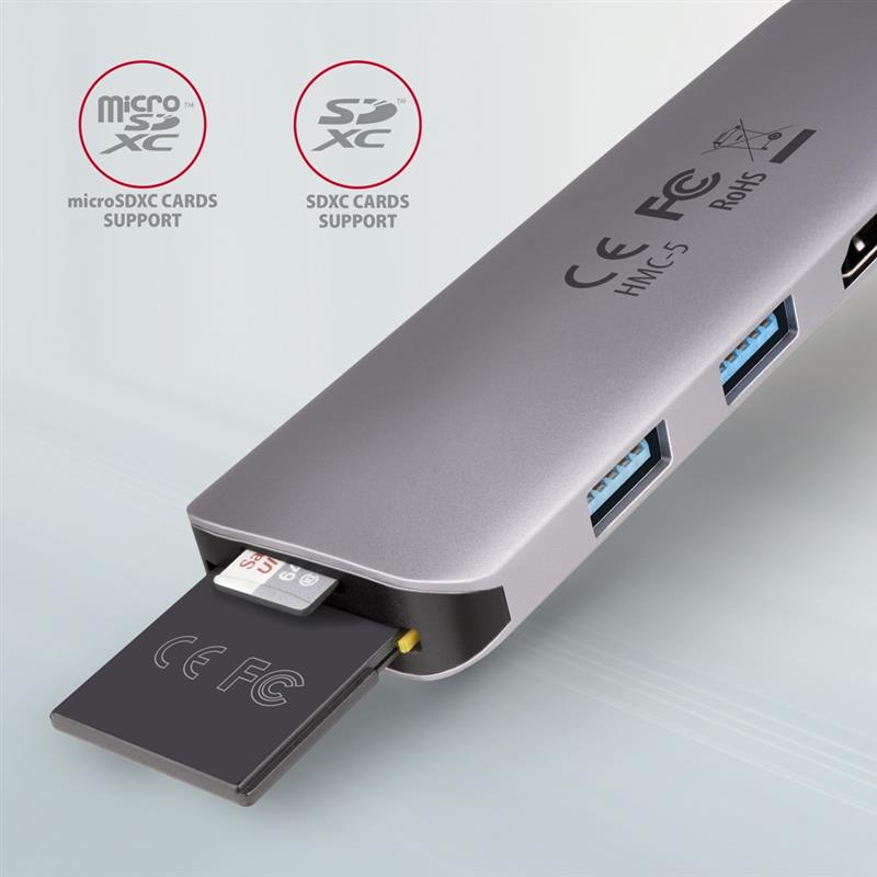 AXAGON 2x USB-A HDMI SD microSD USB 3 2 Gen 1 hub PD 100W 20cm USB-C cable
