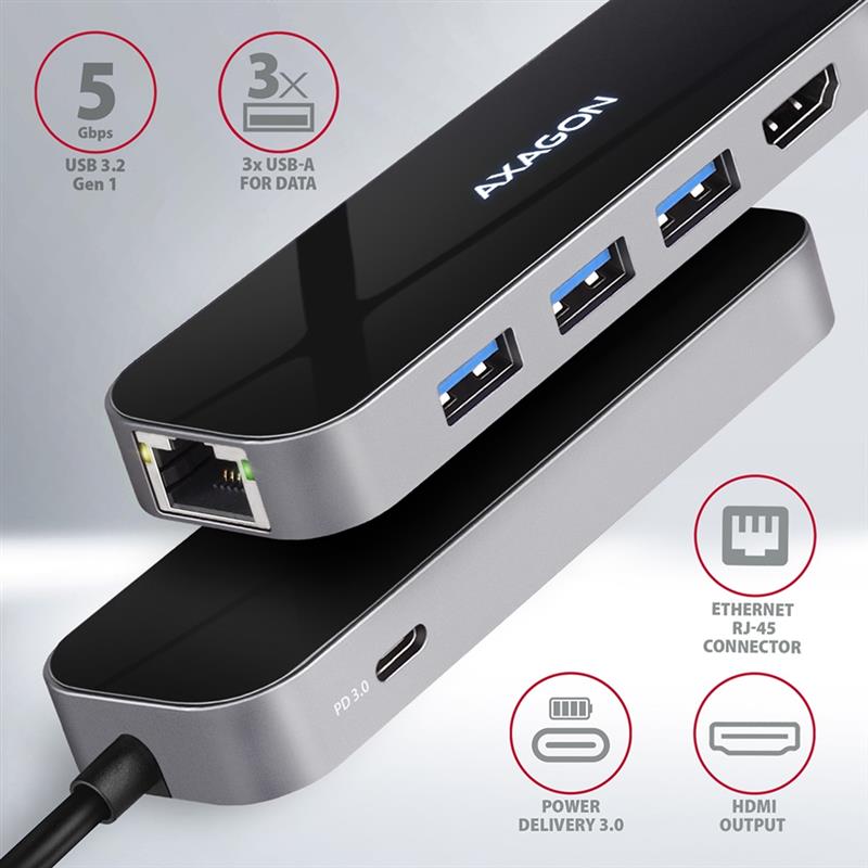 AXAGON 3x USB-A HDMI RJ-45 USB 3 2 Gen 1 hub PD 100W 20cm USB-C cable *USBCM *USBCF *HDMIF *USBAF *RJ45F