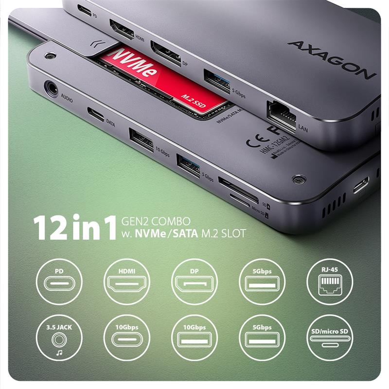 AXAGON USB 10Gbps hub 3x USB-A USB-C HDMI DP RJ-45 M 2 SD mSD audio PD