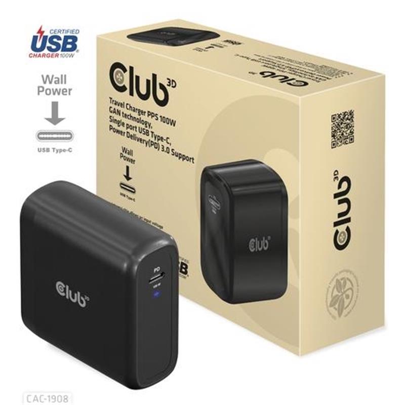 CLUB3D Travel Charger 100 Watt GAN technology USB-IF TID certified Single port USB Type-C Power Delivery PD 3 0 Support