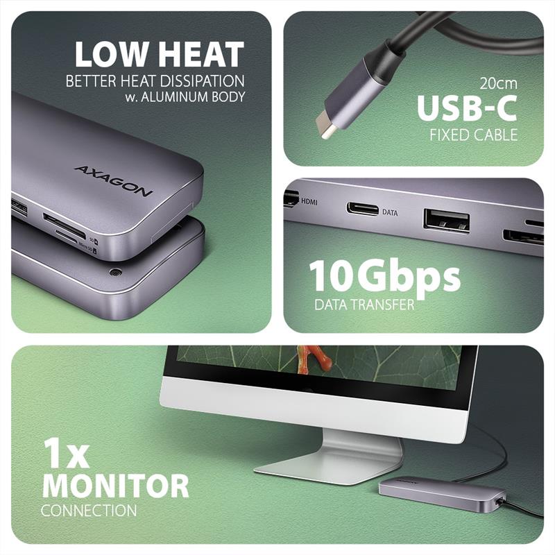 Axagon HMC-6GM2 USB 10Gbps hub USB-A USB-C HDMI M.2 SD/mSD PD 100W USB-C Bedraad USB 3.2 Gen 2 (3.1 Gen 2) Type-C Grijs