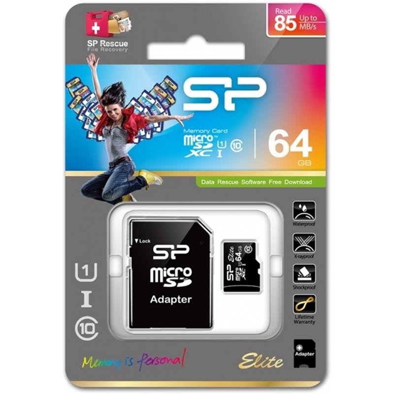 Silicon Power Micro SDHC incl SD Adapter 64GB UHS-1 Class 10