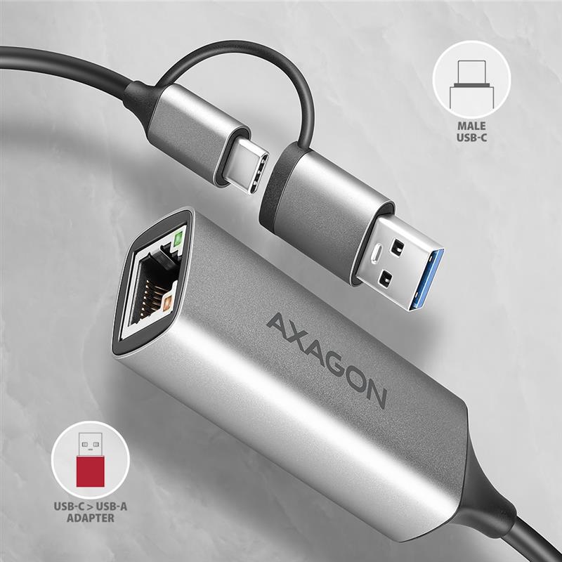 Axagon ADE-TXCA Gigabit Ethernet Adapter USB-C+ USB-A - titangrau - Adapter - Digital/Daten 1000 Mbit/s