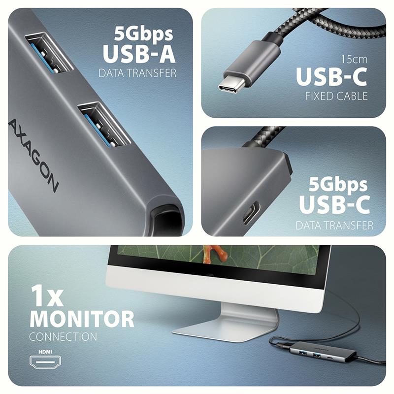 Axagon HMC-5H8K USB 5Gbps hub 2x USB-A USB-C HDMI 8k/30Hz PD 100W kabel USB-C Bedraad USB 3.2 Gen 1 (3.1 Gen 1) Type-C Grijs