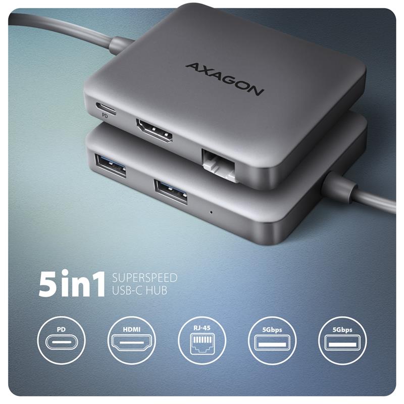 AXAGON USB 5Gbps hub 2x USB-A HDMI 4k 60Hz RJ-45 PD 100W 20cm USB-C cable