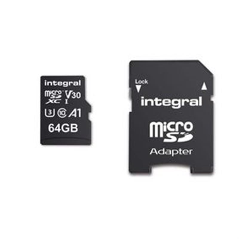 Integral INMSDX64G-100V30 64GB MICRO SD CARD MICROSDXC UHS-1 U3 CL10 V30 A1 UP TO 100MBS READ 45MBS WRITE flashgeheugen MicroSD UHS-I Klasse 10