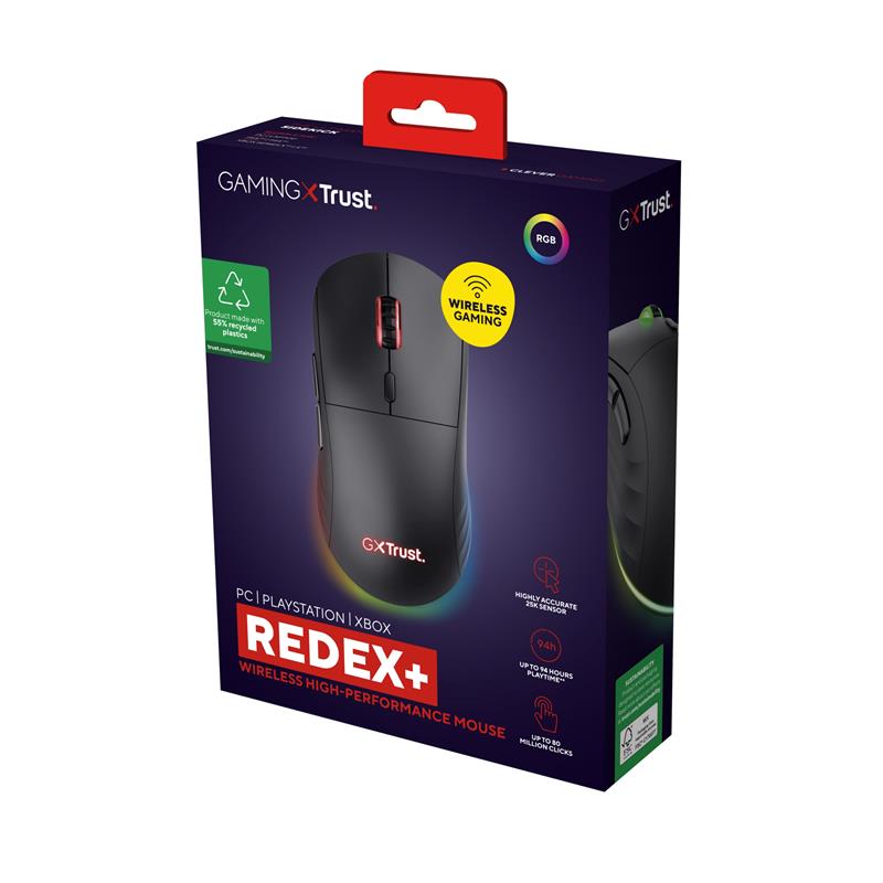 Trust GXT 927 Redex+ muis Rechtshandig RF Wireless + USB Type-A Laser 25600 DPI