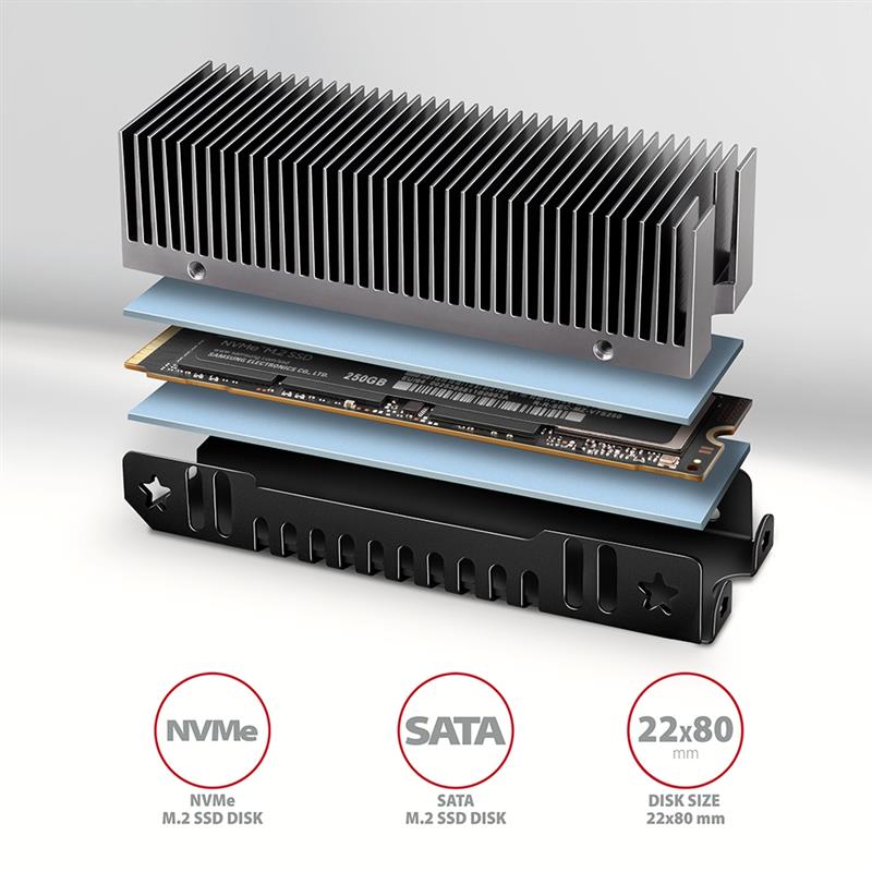 Axagon CLR-M2XT M.2 SSD Passivkühler Aluminium - 2280 M.2 NVMe SSD, SSD (solid-state drive) Koelplaat/radiatoren Zwart, Grijs 1 stuk(s)