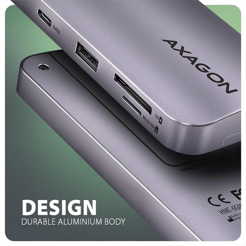 Axagon HMC-6GM2 USB 10Gbps hub USB-A USB-C HDMI M.2 SD/mSD PD 100W USB-C Bedraad USB 3.2 Gen 2 (3.1 Gen 2) Type-C Grijs